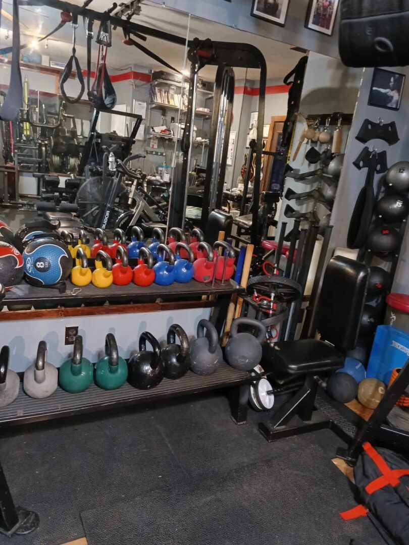 A room filled with different types of kettlebells.